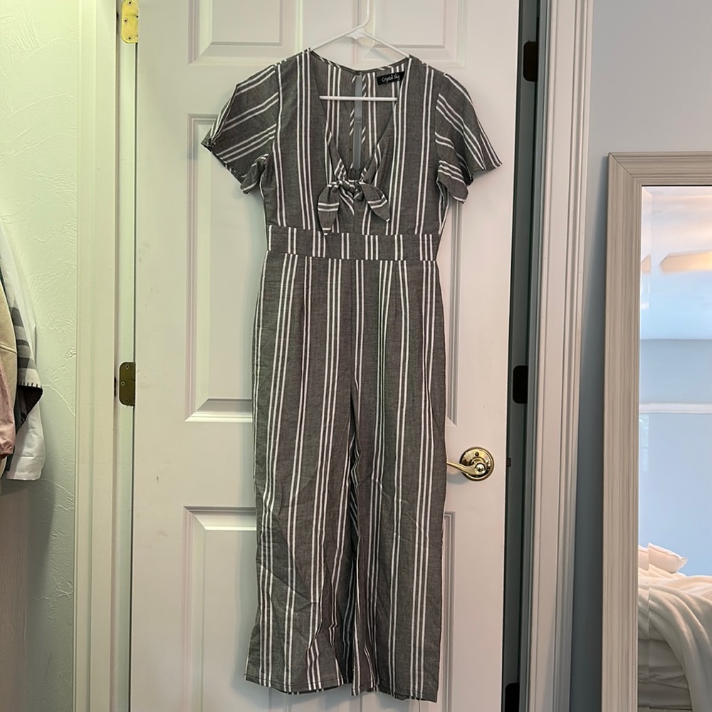 Gray/white striped jumpsuit